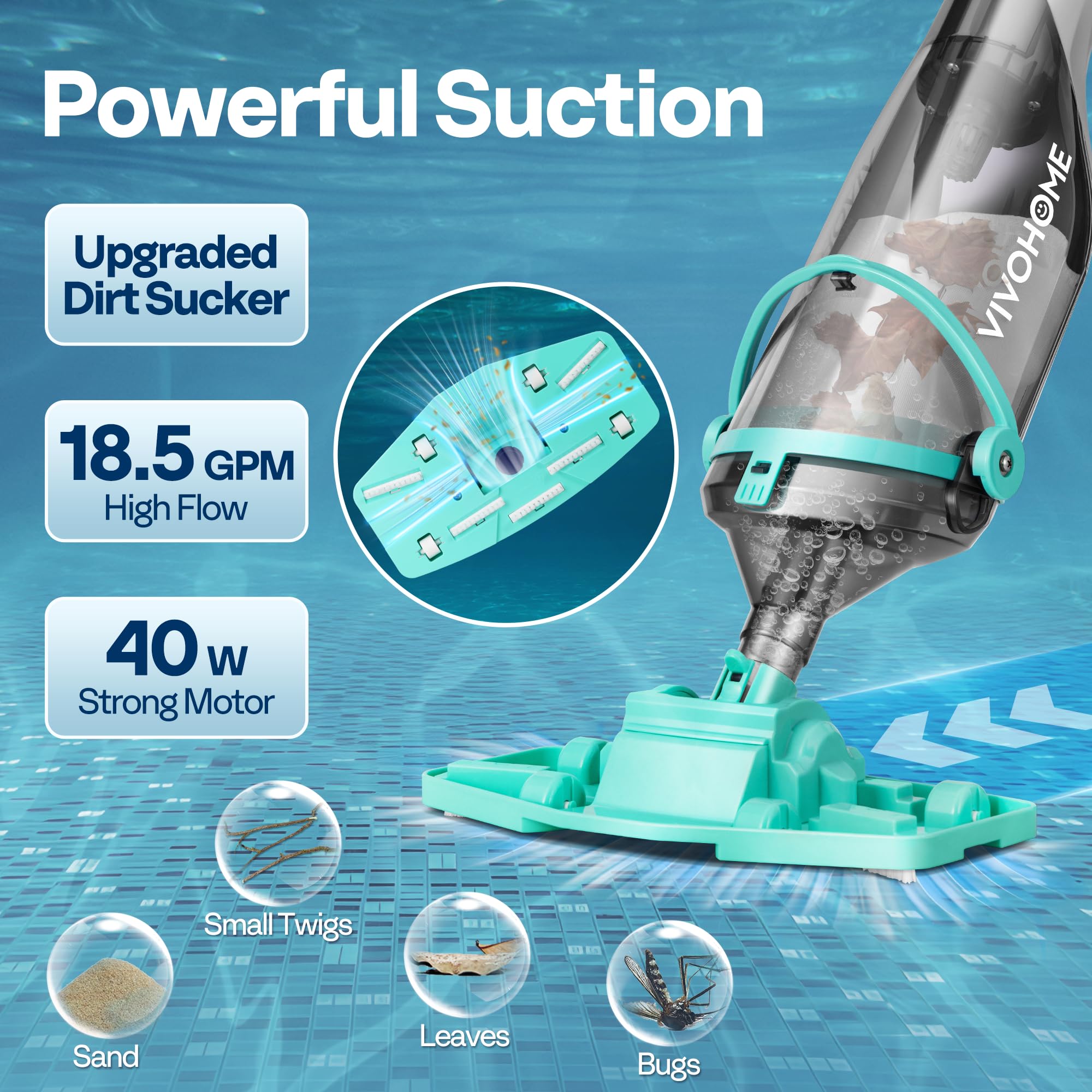 VIVOHOME dirt-sucker close-up with enlarged inlet for faster debris pickup benefit