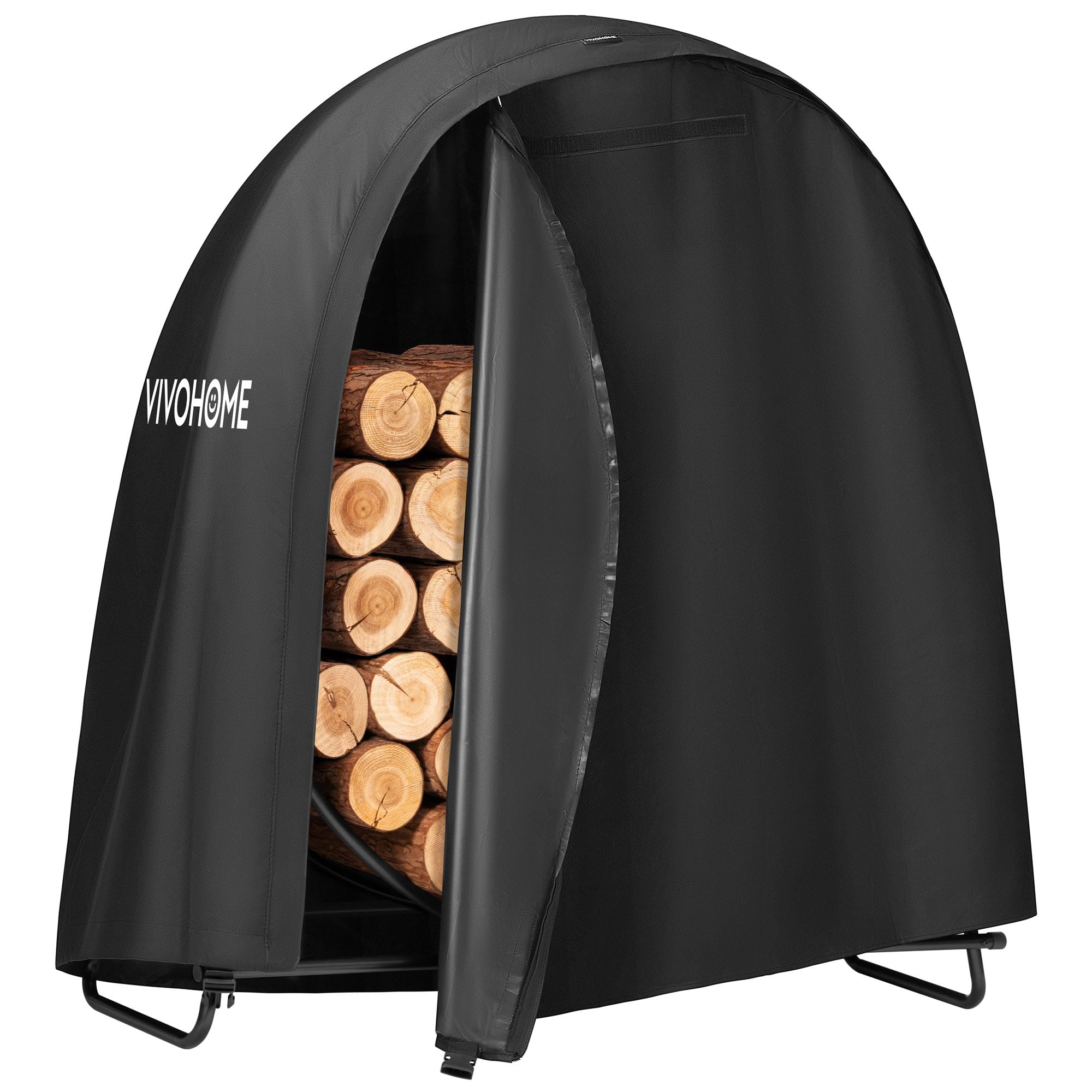 VIVOHOME front view of 48-inch log rack showing stable hoop and stacked wood benefit: organized storage