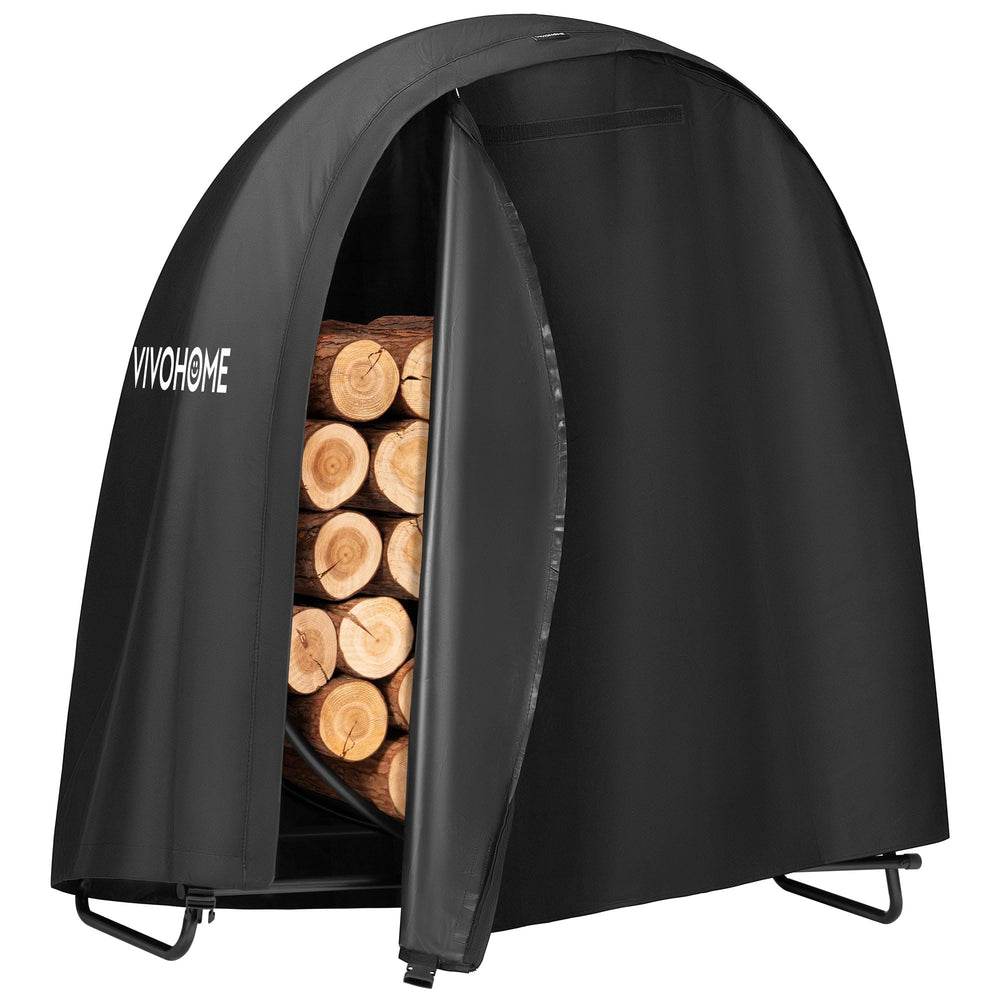 VIVOHOME front view of 48-inch log rack showing stable hoop and stacked wood benefit: organized storage