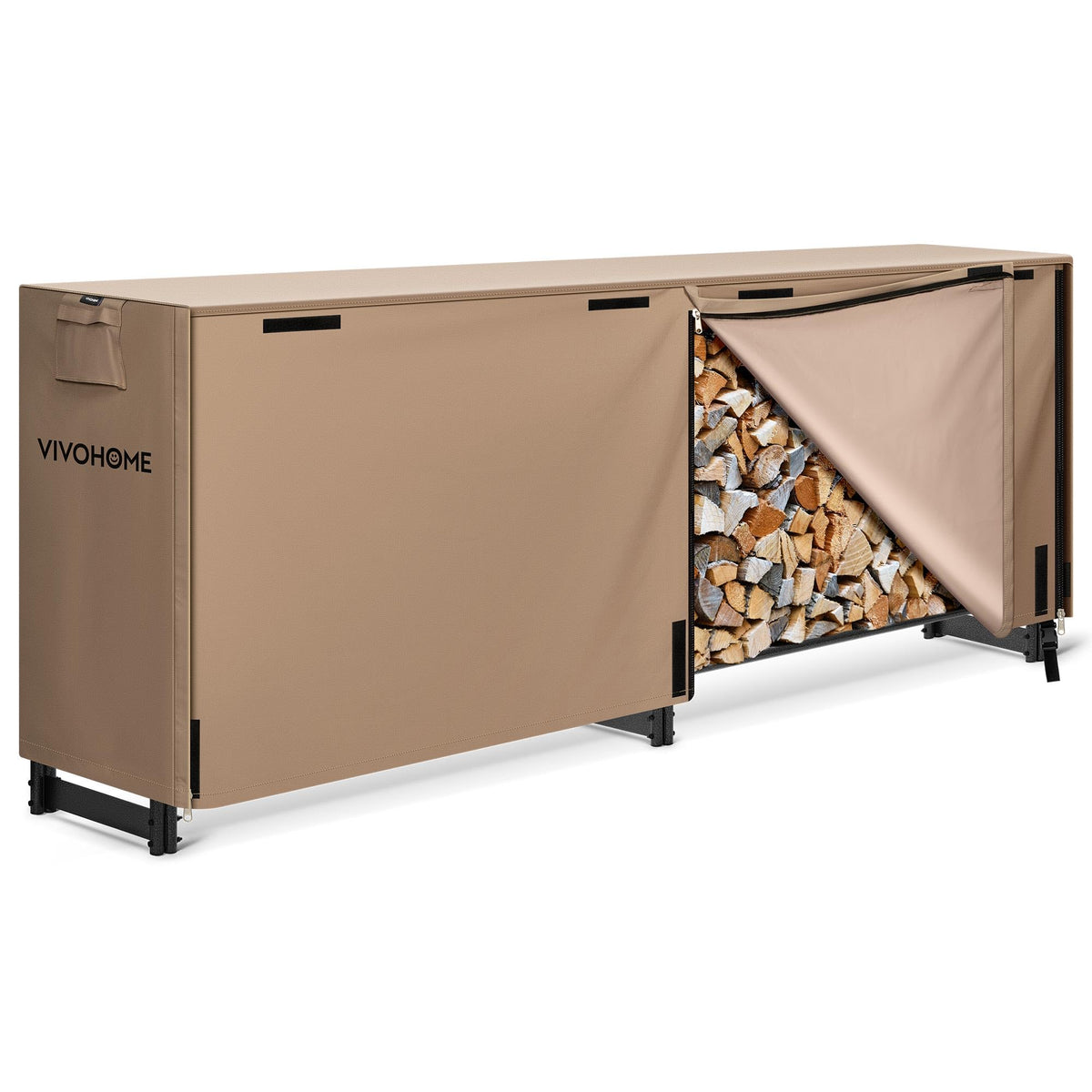 VIVOHOME front view of rack with cover showing organized dry firewood and space saving