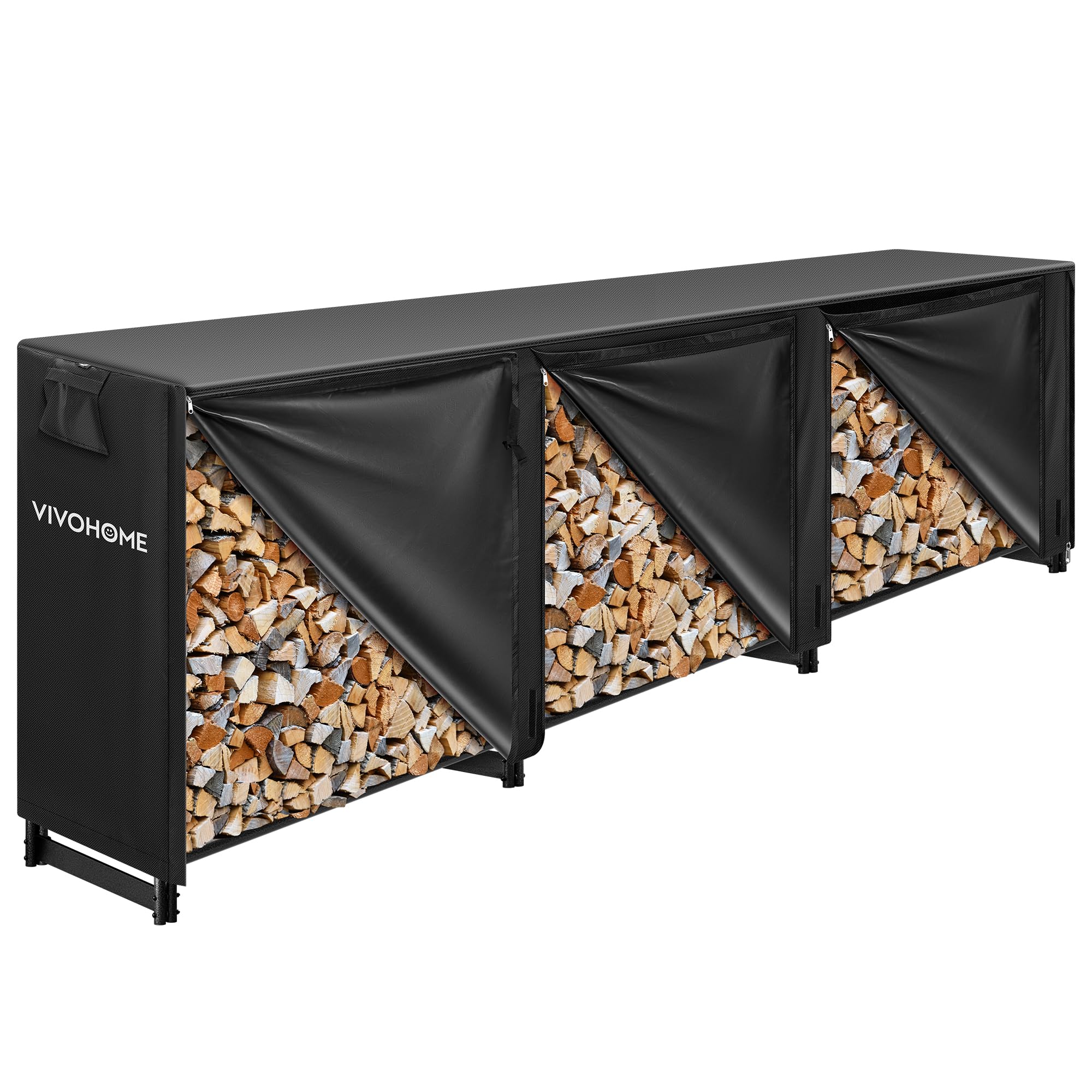 VIVOHOME front view of full 12 ft rack showing organized protected firewood