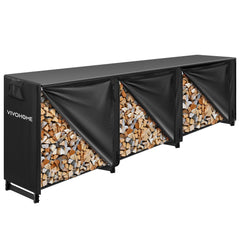 VIVOHOME front view of full 12 ft rack showing organized protected firewood