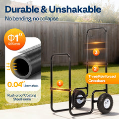 VIVOHOME cart next to person for scale showing large 10-inch rubber wheels