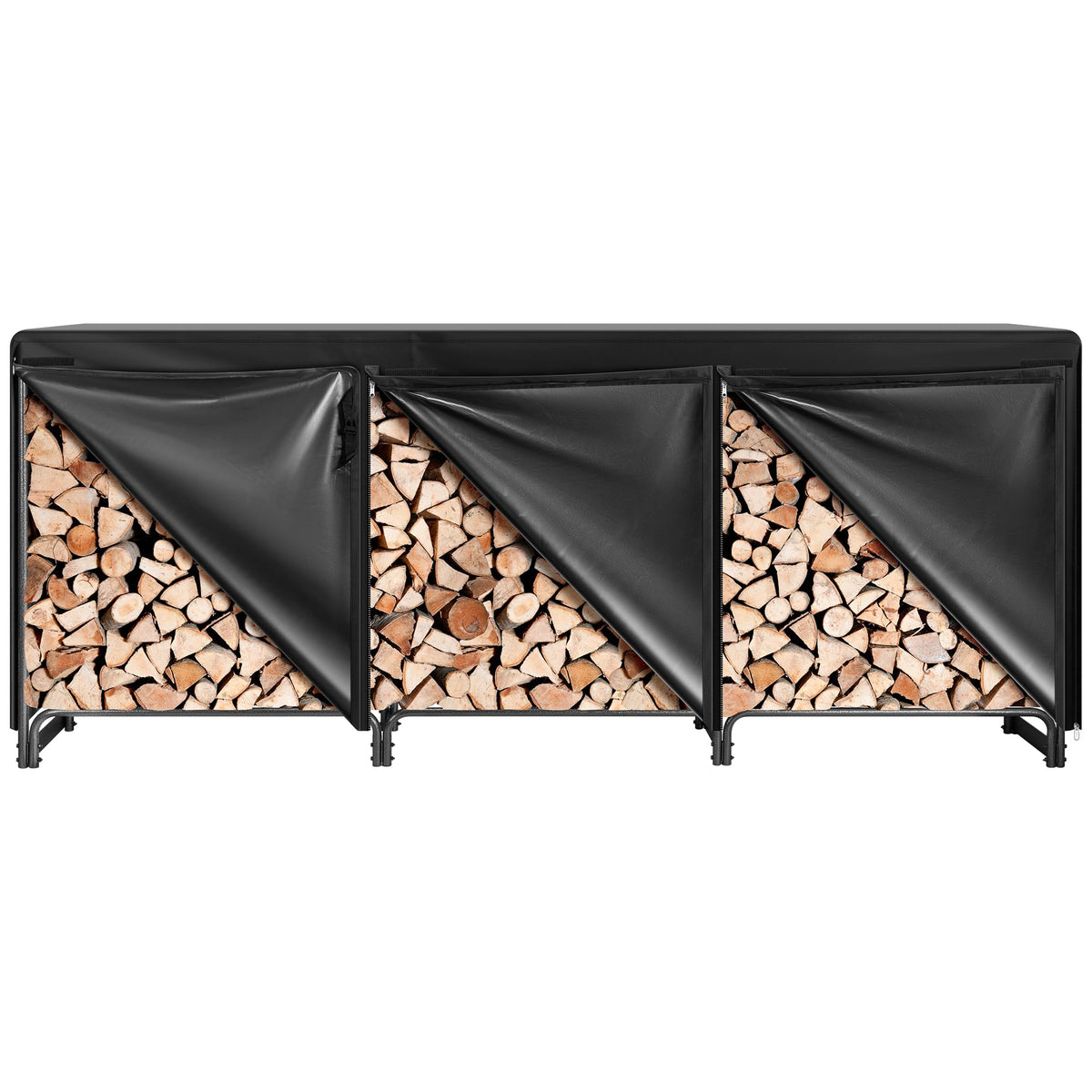 VIVOHOME front view of 10 ft rack showing organized stacked firewood and stability