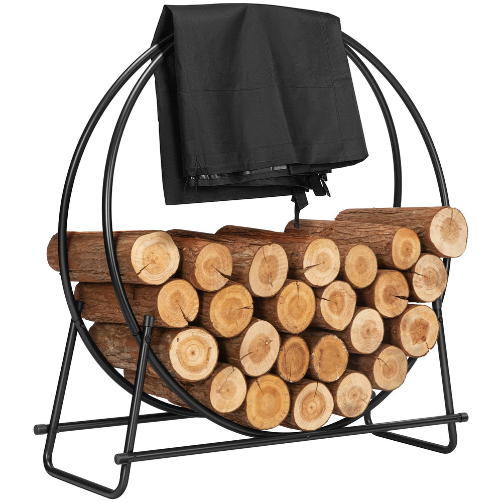 VIVOHOME log rack front view showing stable A-shaped frame and stacked logs for tidy storage
