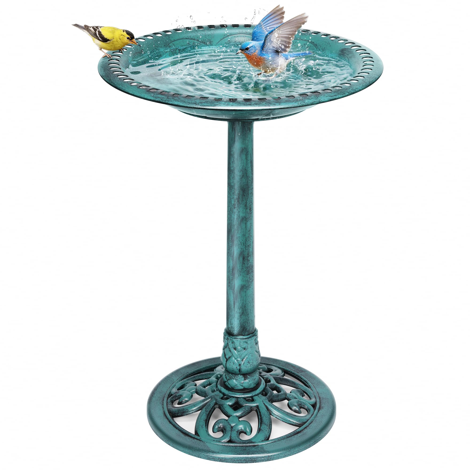 VIVOHOME front view of green pedestal bird bath adding vintage charm