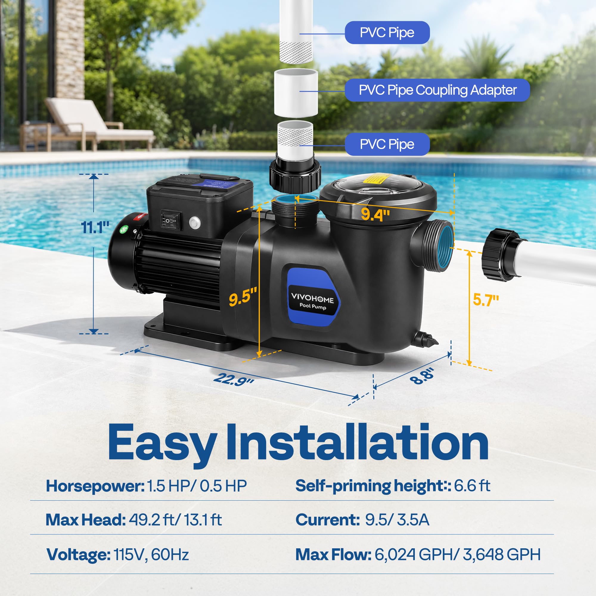 VIVOHOME pump installed poolside demonstrating compact footprint and clean setup