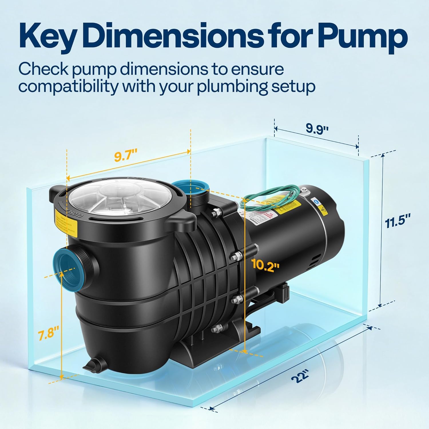 VIVOHOME pump next to measuring tape illustrating compact size and installation distance
