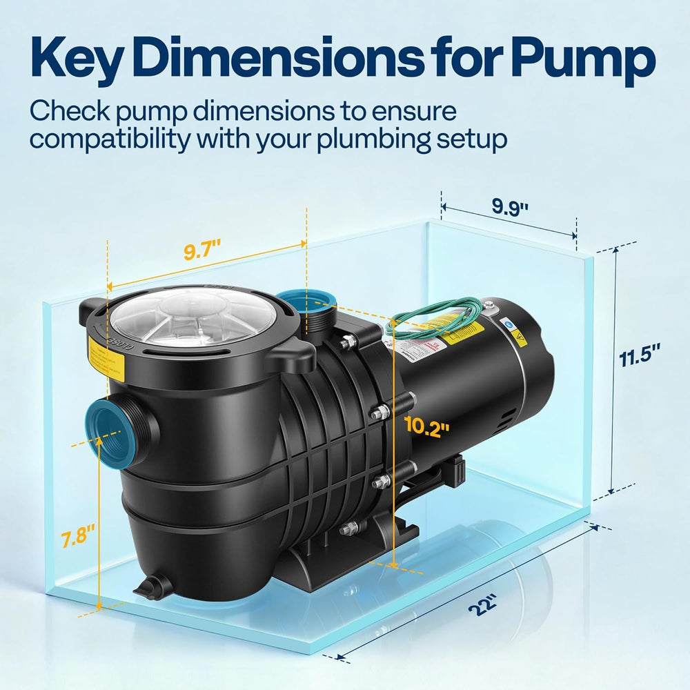 VIVOHOME pump next to measuring tape illustrating compact size and installation distance