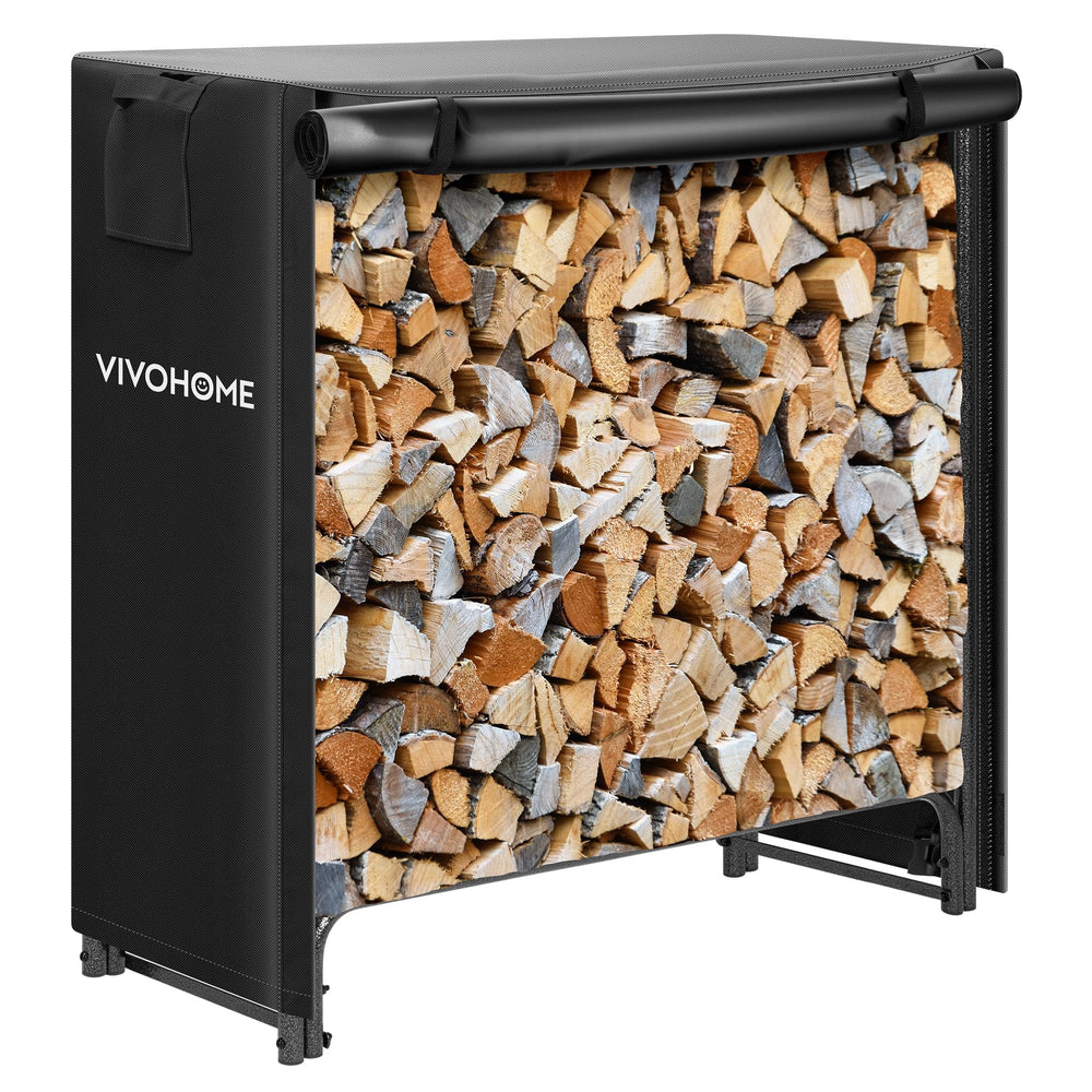 VIVOHOME rack front view showing organized firewood and protected storage benefit
