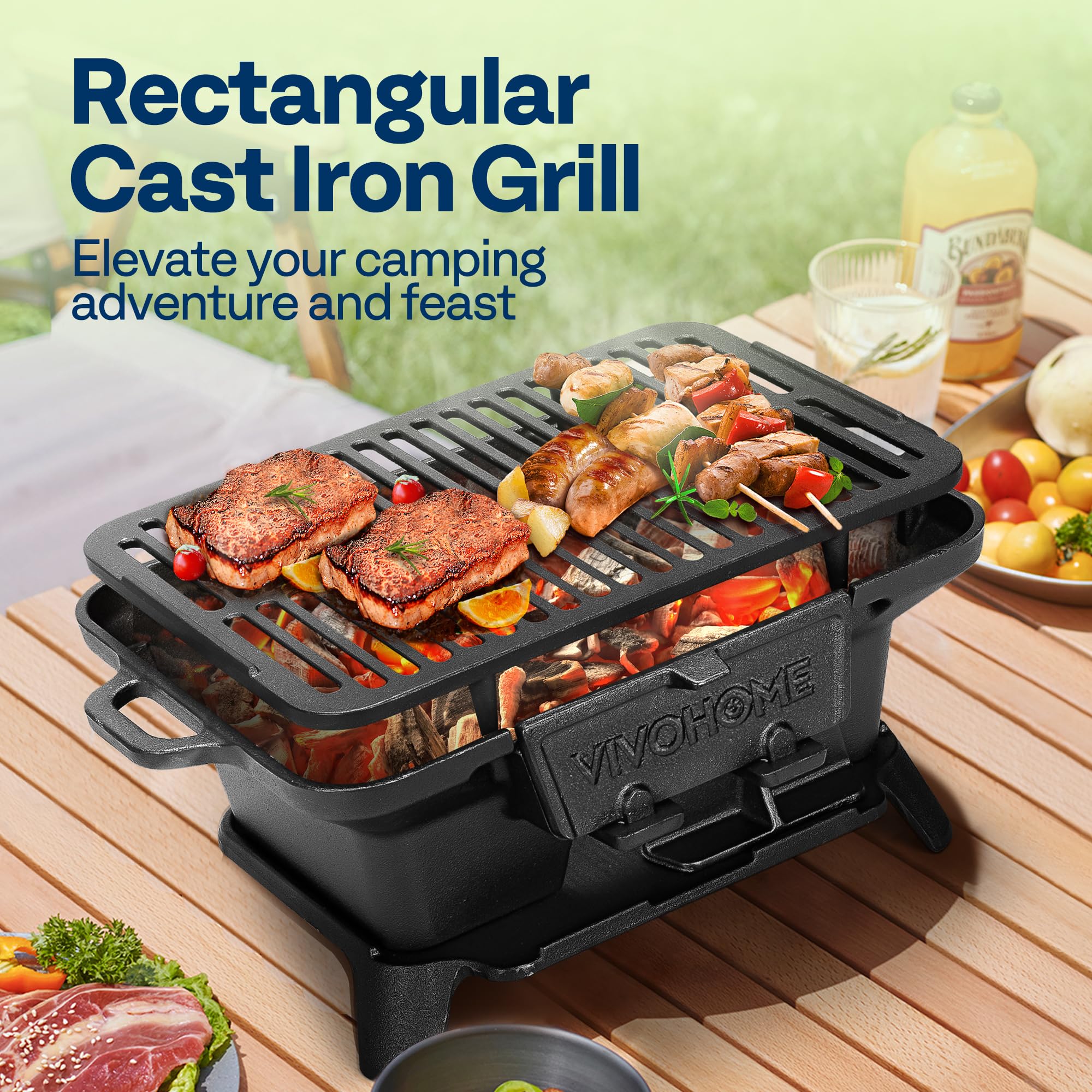 VIVOHOME reversible cast iron grate close-up showing dual-height cooking benefit