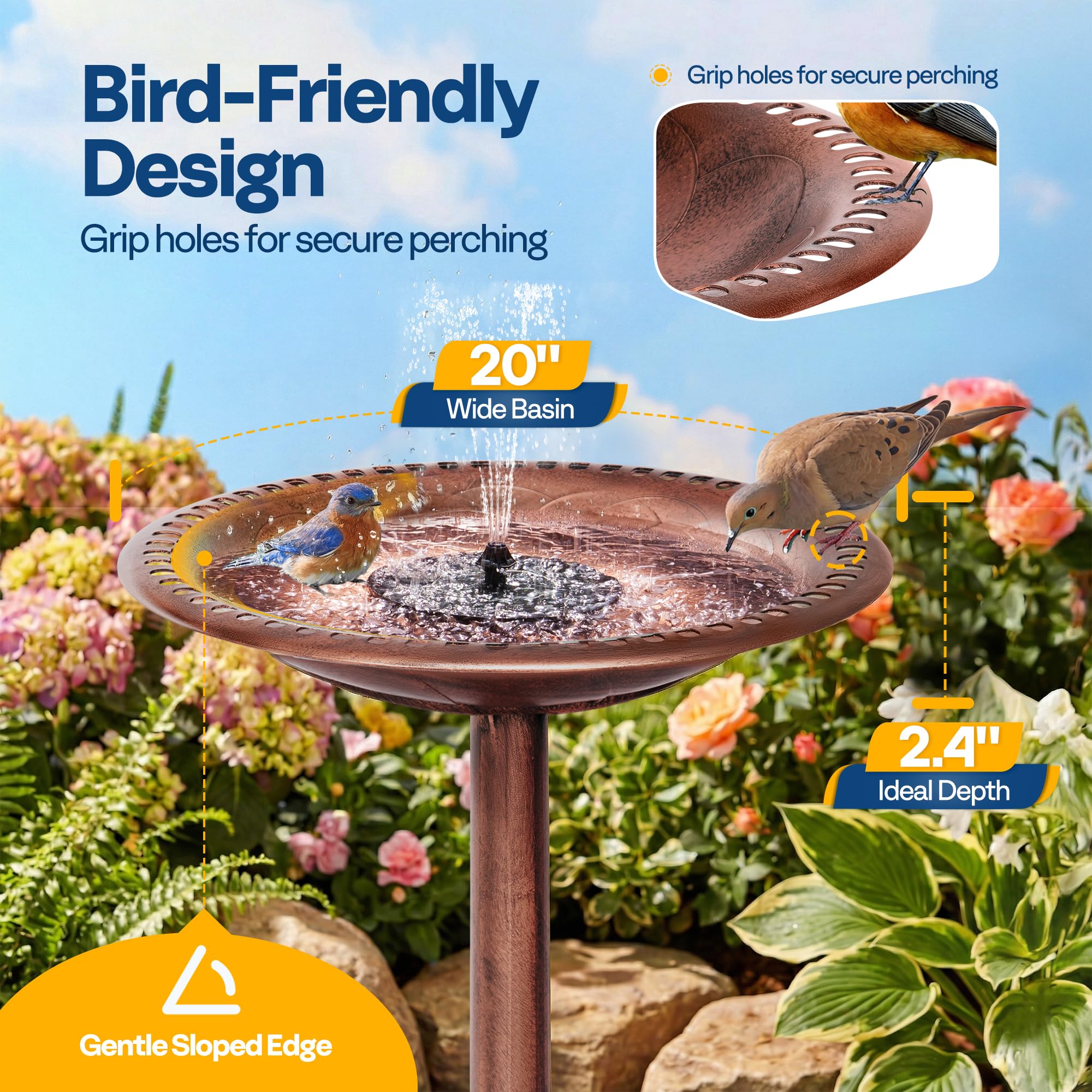 VIVOHOME side profile showing shallow 2.4-inch depth for bird-safe bathing