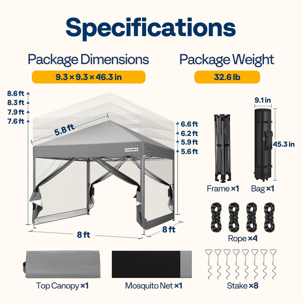 VIVOHOME tent next to people illustrating 8x8ft size and usable space
