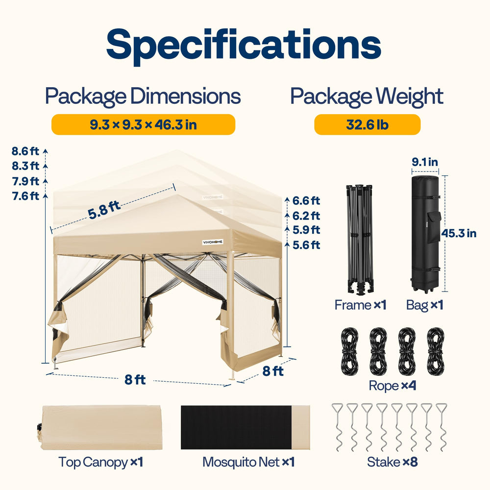 VIVOHOME tent beside people illustrating 8x8ft scale and seating capacity