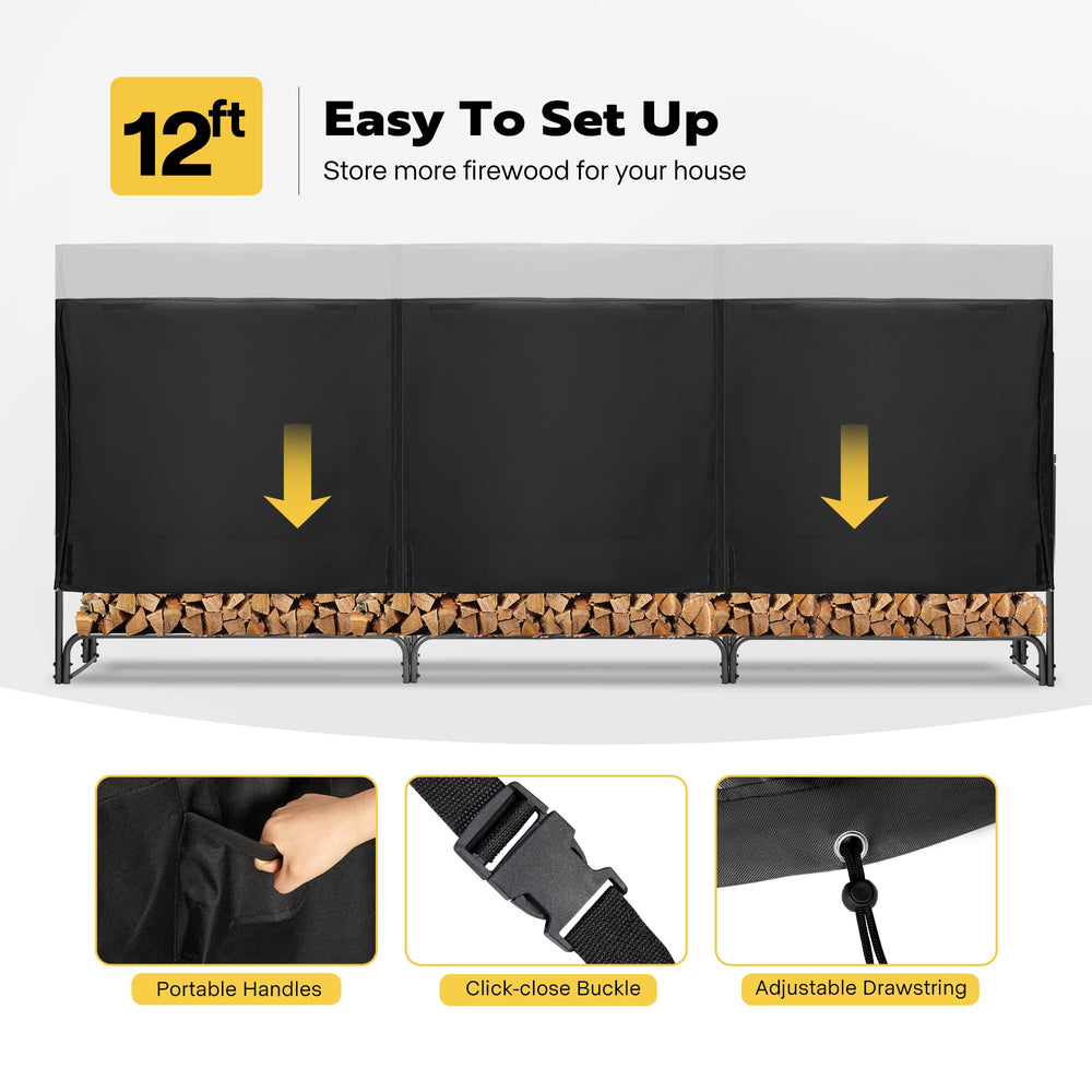 VIVOHOME cover next to tools for scale showing coverage of a 12ft log stack