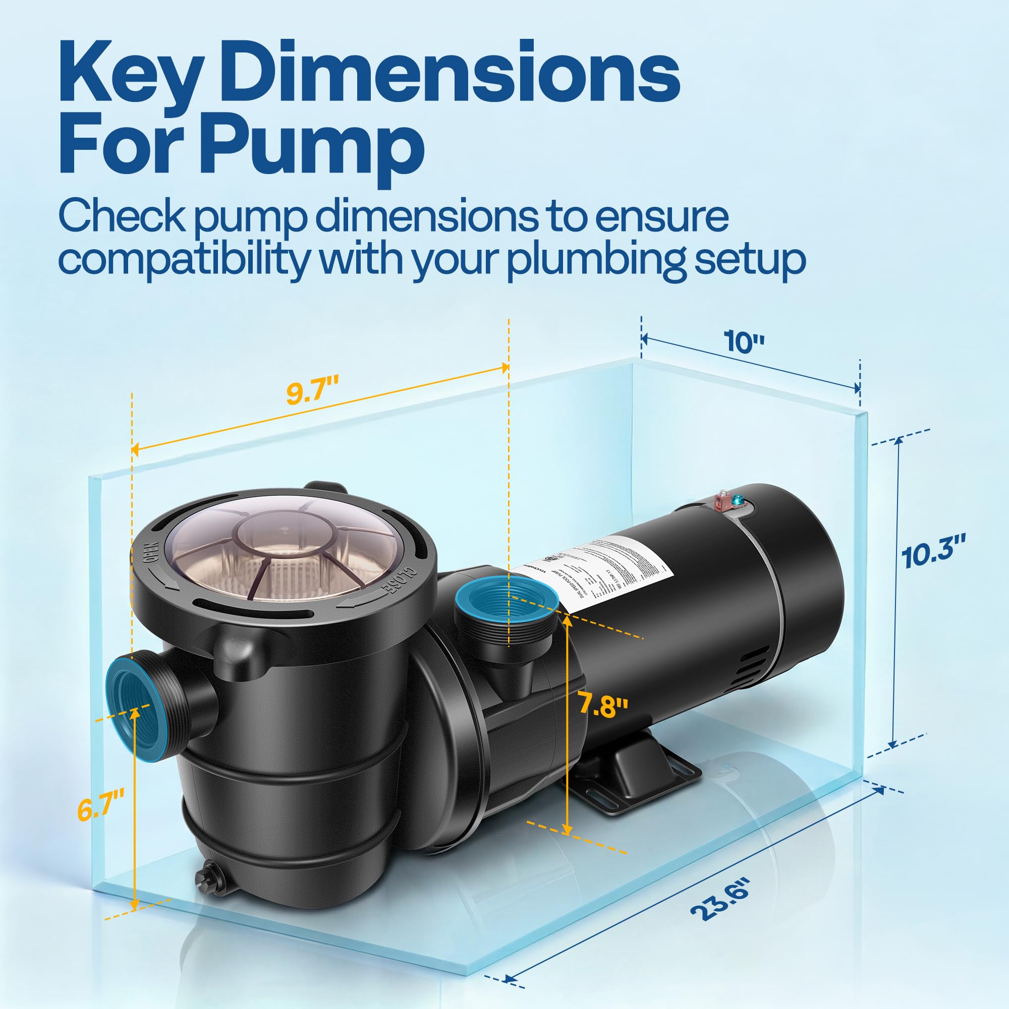VIVOHOME pump next to ruler to illustrate compact size and installation fit