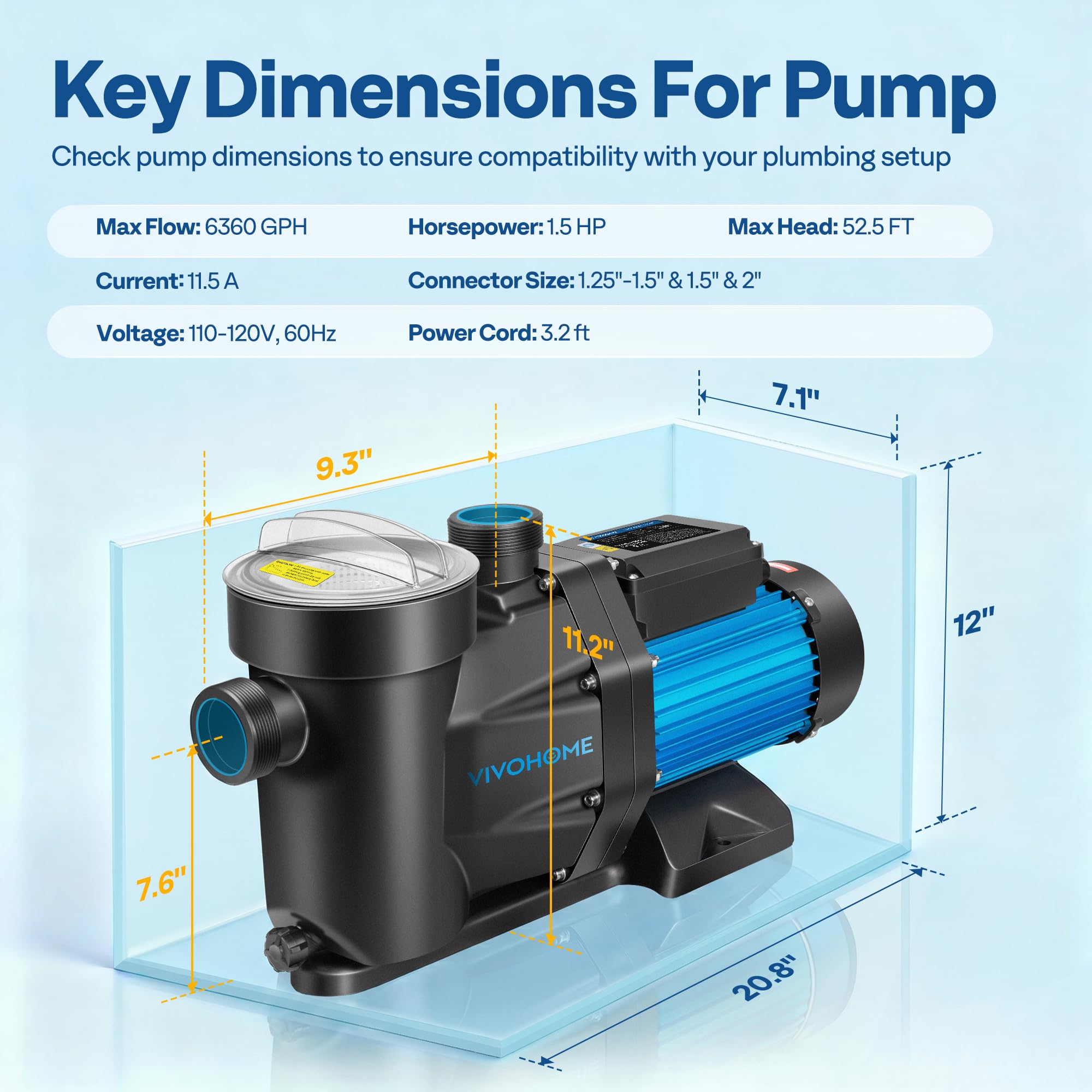 VIVOHOME pump beside measuring tape showing compact size and footprint