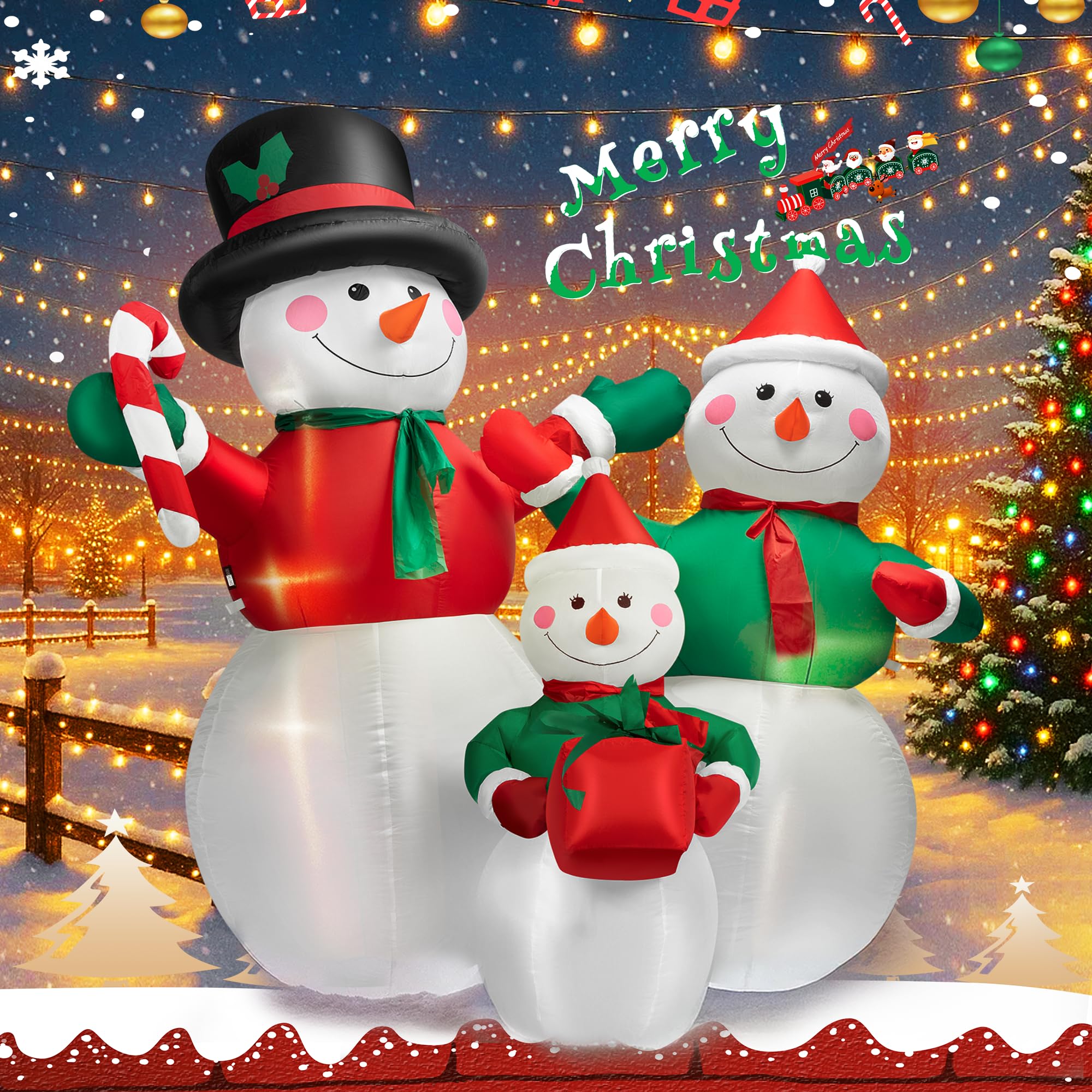 VIVOHOME snowman family lit at night creating a bright holiday focal point