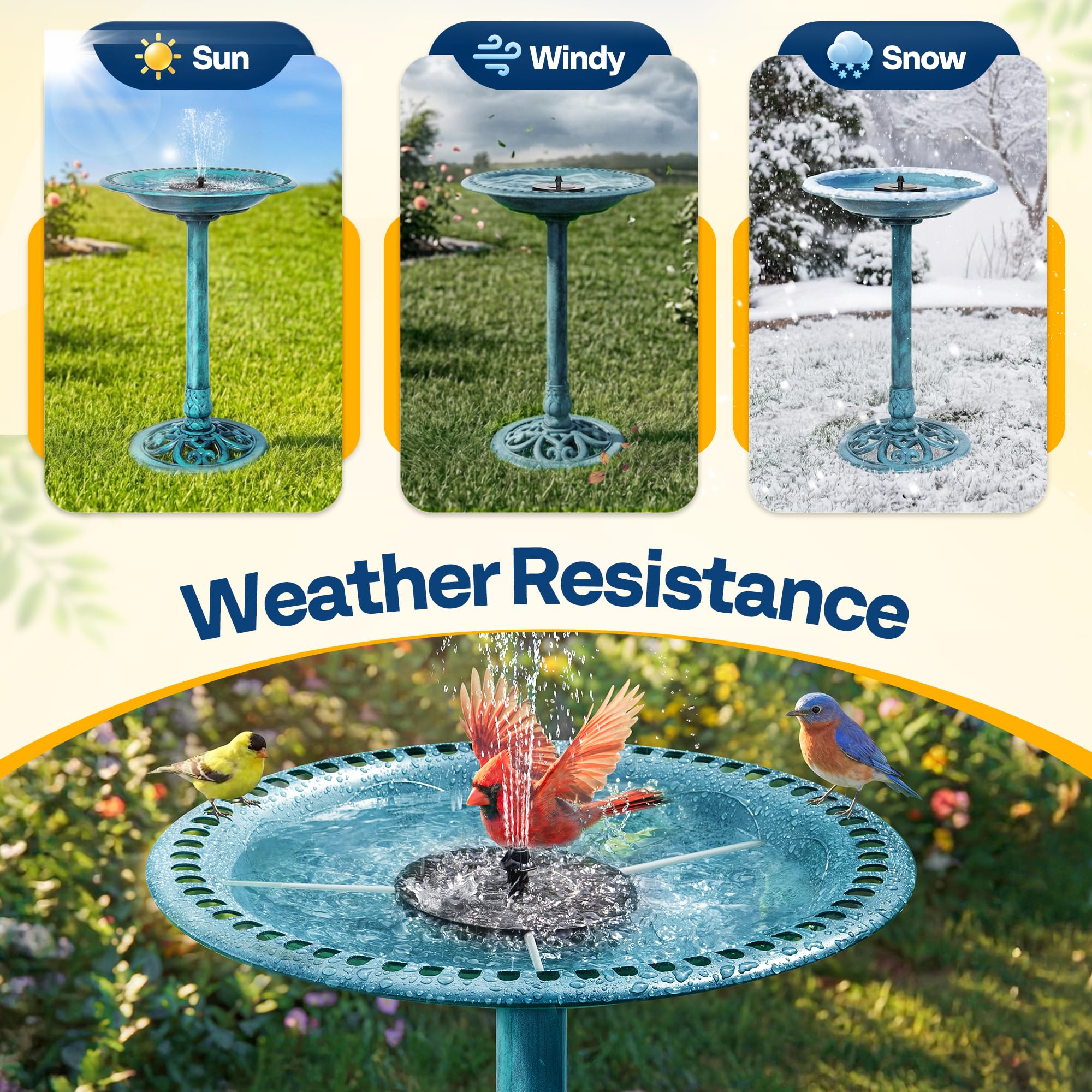 VIVOHOME solar fountain nozzles detail showing four spray options benefit: gentle water movement