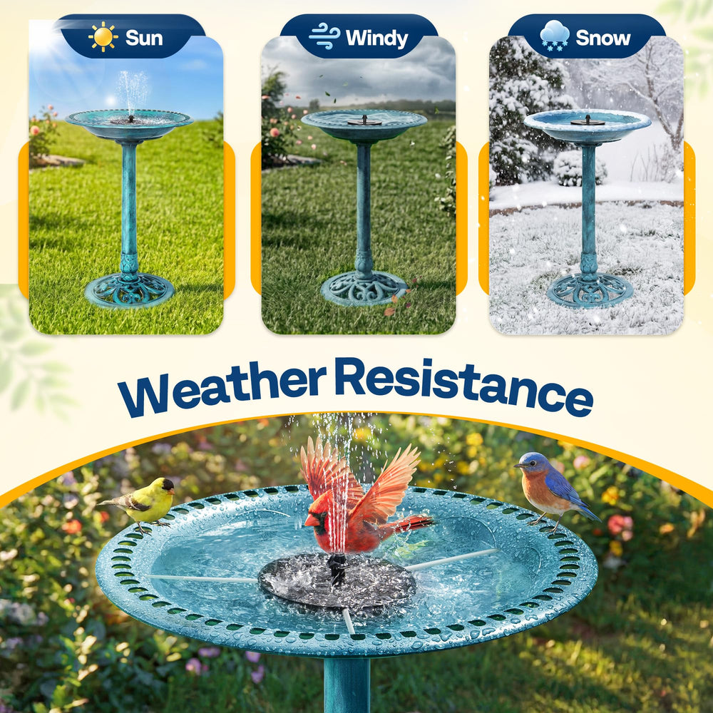 VIVOHOME solar fountain nozzles detail showing four spray options benefit: gentle water movement