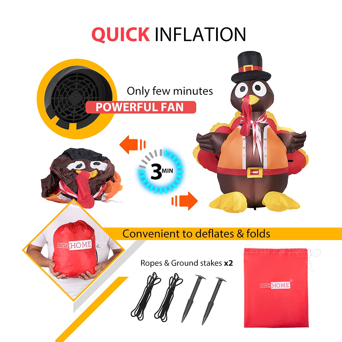 VIVOHOME turkey power cord and fan for fast self-inflation convenience