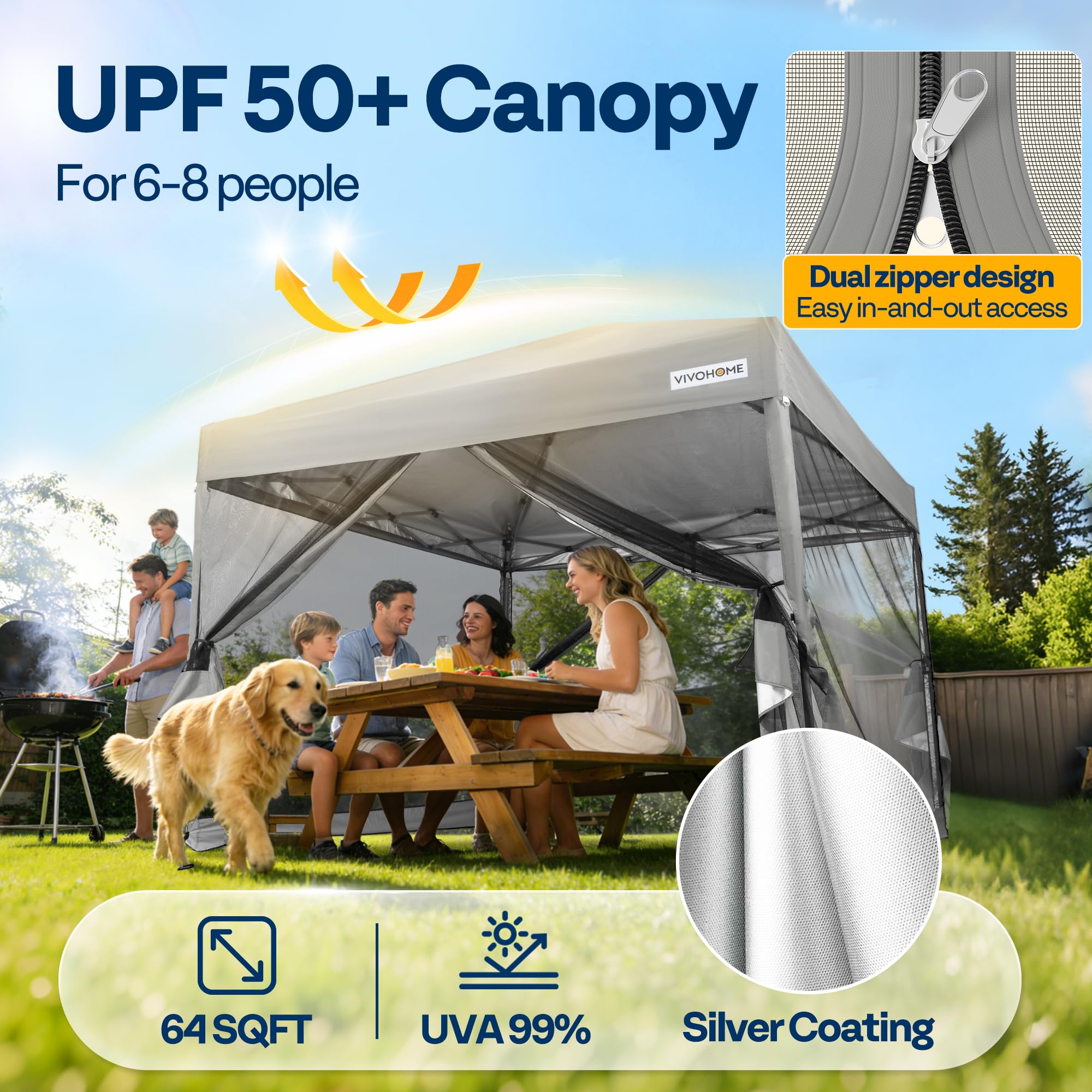 VIVOHOME double-zipper door open demonstrating quick, bug-proof access