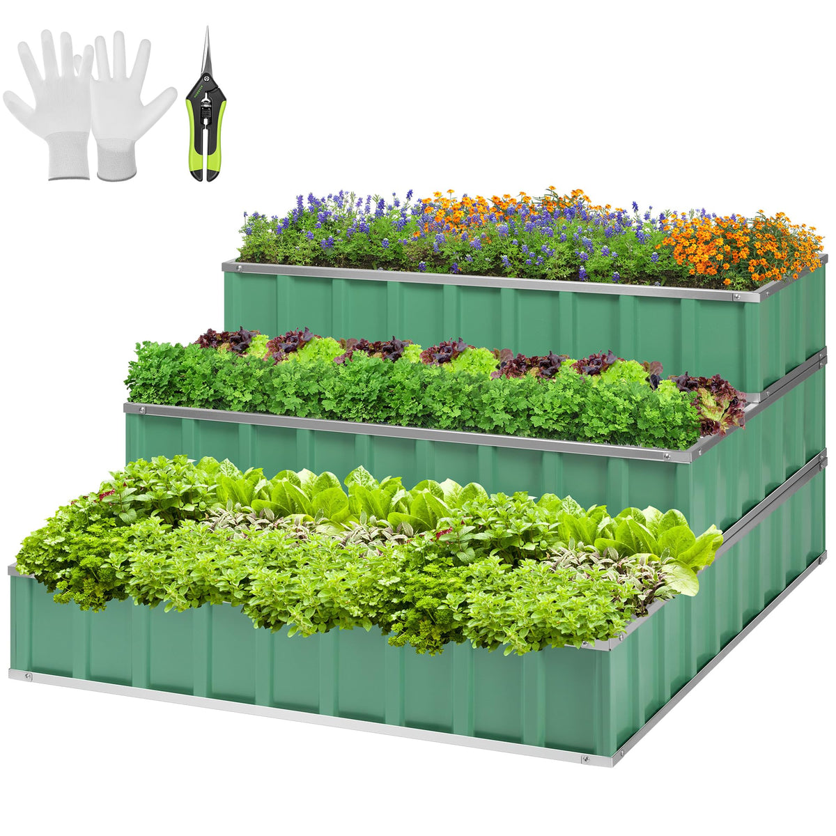 VIVOSUN front view of 3-tier raised garden bed showing green stair-step design and space-saving benefit
