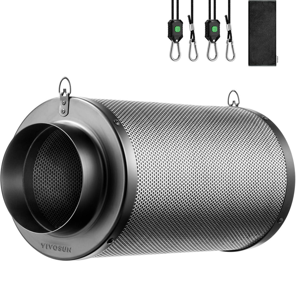 VIVOSUN 6-inch carbon filter front view showing robust casing and inlet benefits odor control