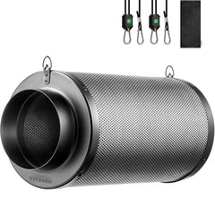 VIVOSUN 6-inch carbon filter front view showing robust casing and inlet benefits odor control