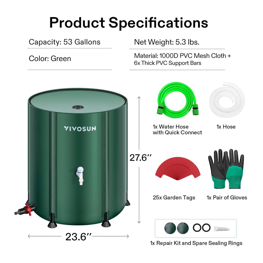 VIVOSUN included accessories laid out showing gloves, repair kit, washers, hose and tags