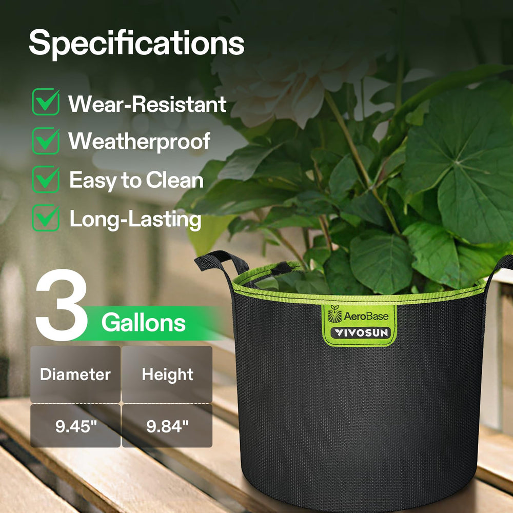 VIVOSUN grow bag beside a hand showing 3-gallon scale for accurate planting capacity