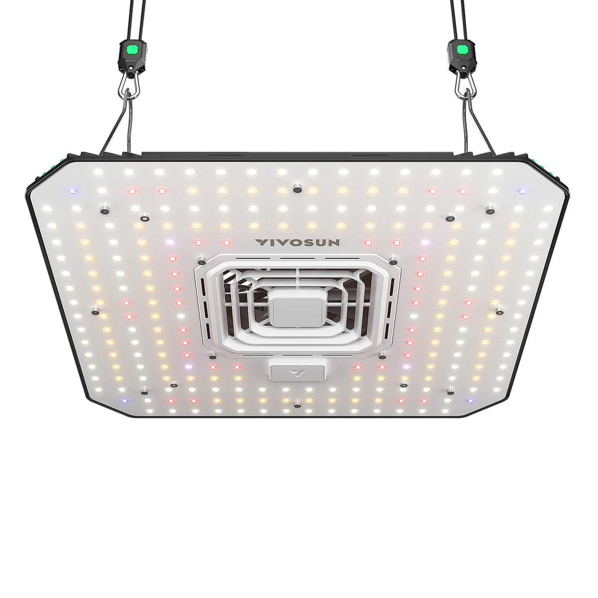 VIVOSUN AeroLight A100 front view showing compact full-spectrum design and even coverage