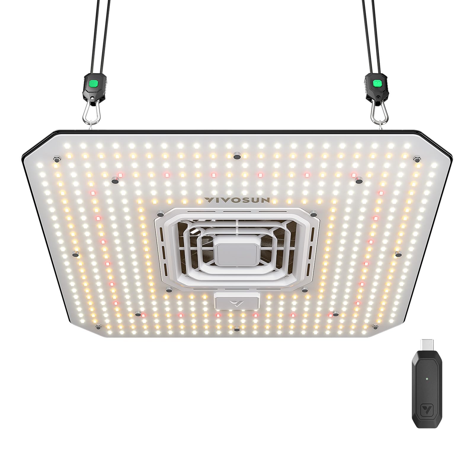VIVOSUN AeroLight A150SE front view showing compact full-spectrum light and benefits