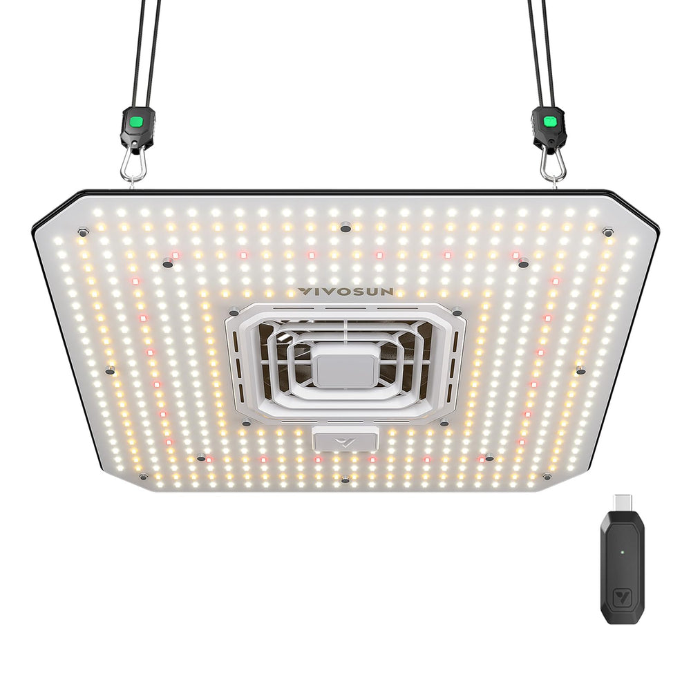 VIVOSUN AeroLight A150SE front view showing compact full-spectrum light and benefits