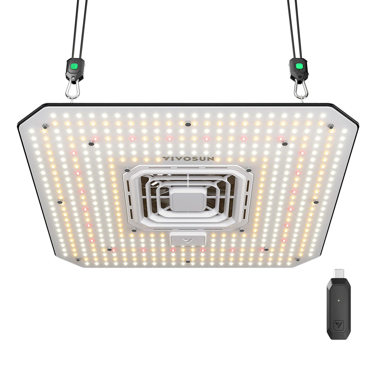 VIVOSUN AeroLight A150SE front view showing compact full-spectrum light and benefits