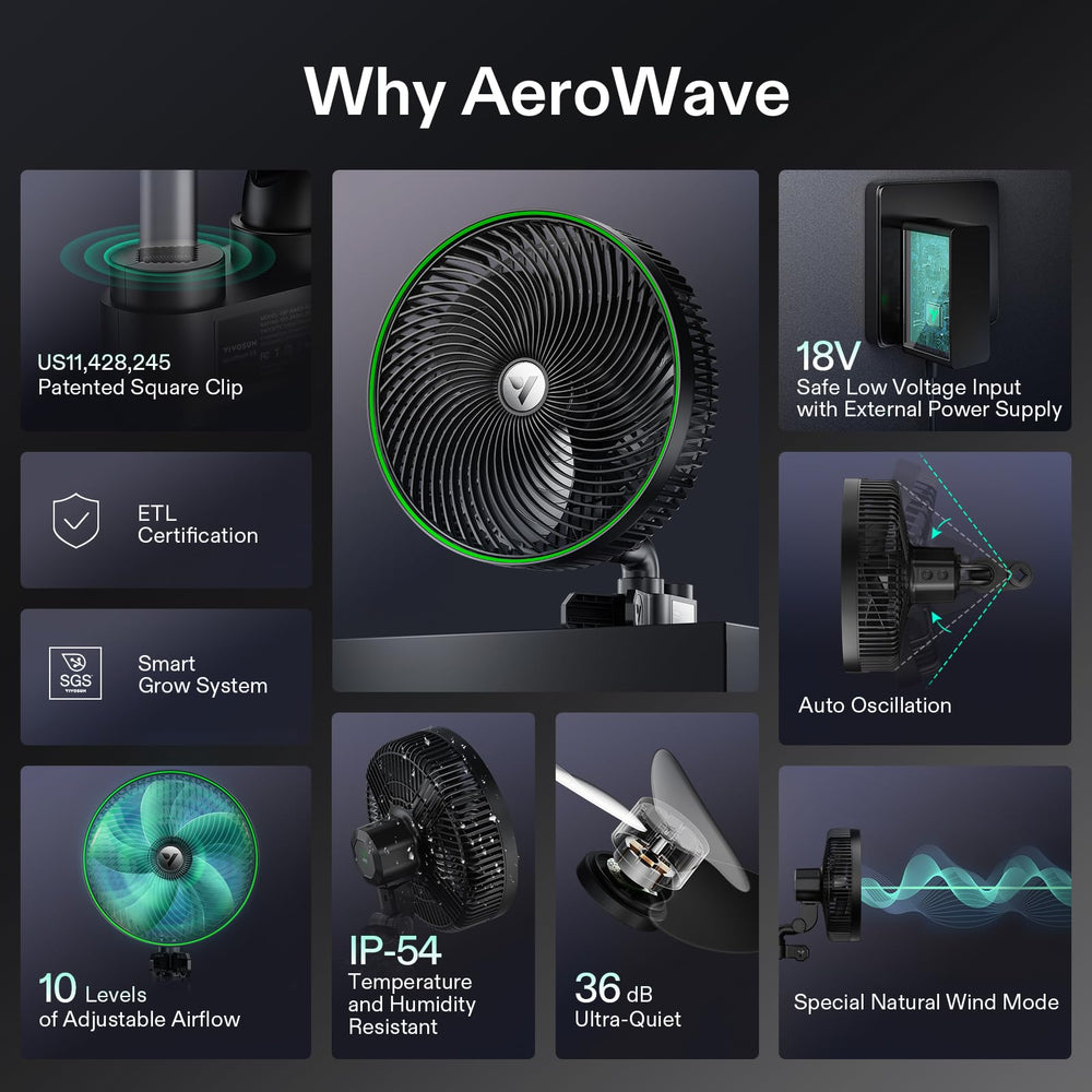 VIVOSUN AeroWave E9 displayed with smartphone showing Wi‑Fi app control and scheduling