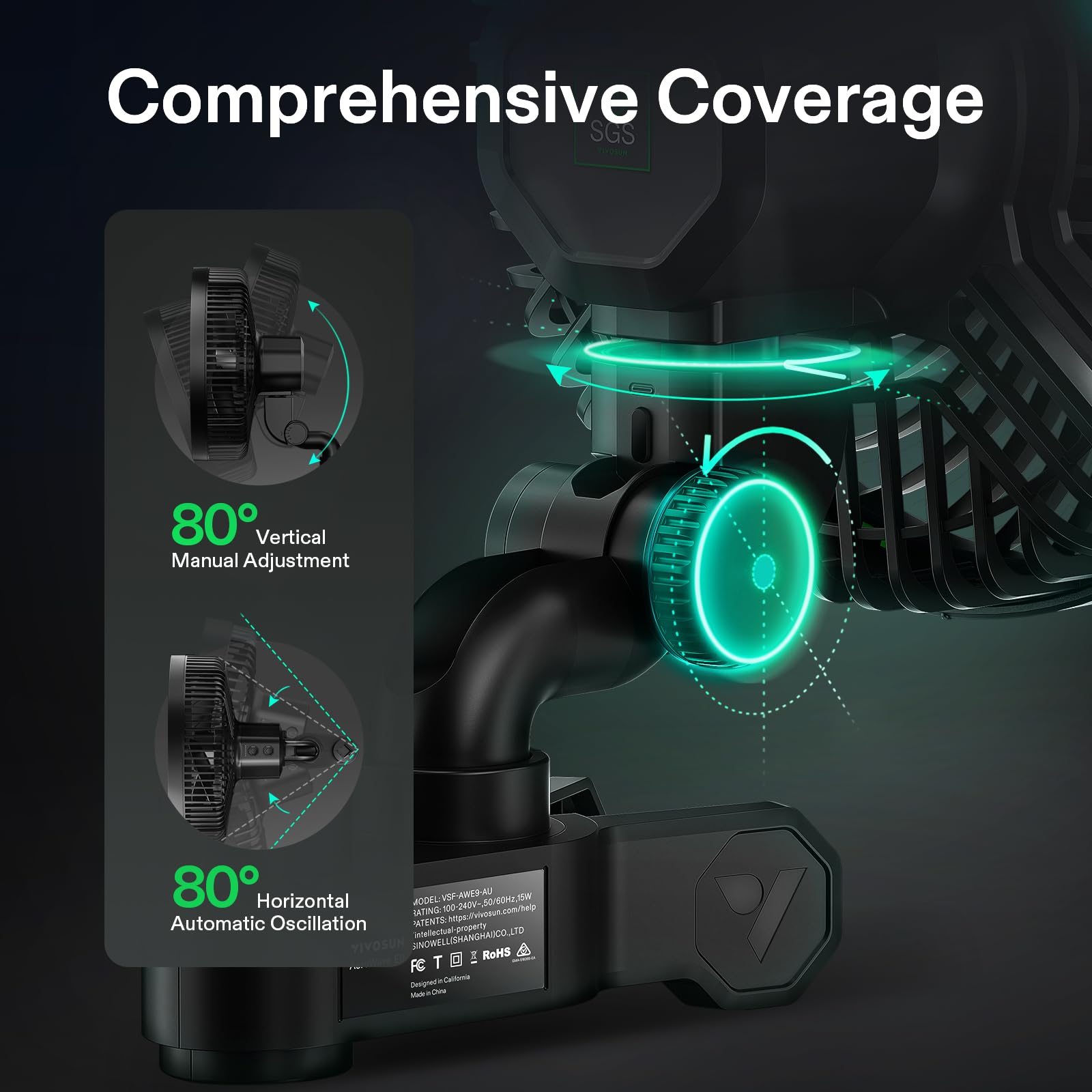 VIVOSUN AeroWave E9 side view highlighting 80° horizontal oscillation for wider coverage