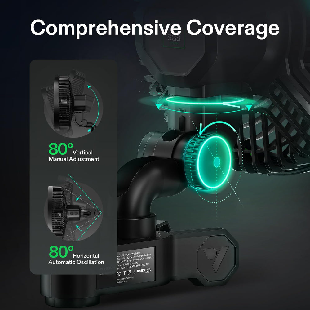 VIVOSUN AeroWave E9 side view highlighting 80° horizontal oscillation for wider coverage