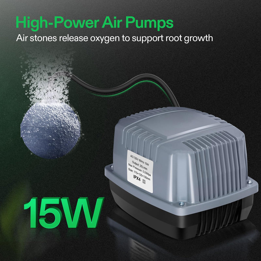 VIVOSUN air pump with tubing and regulators delivering steady oxygen to each bucket