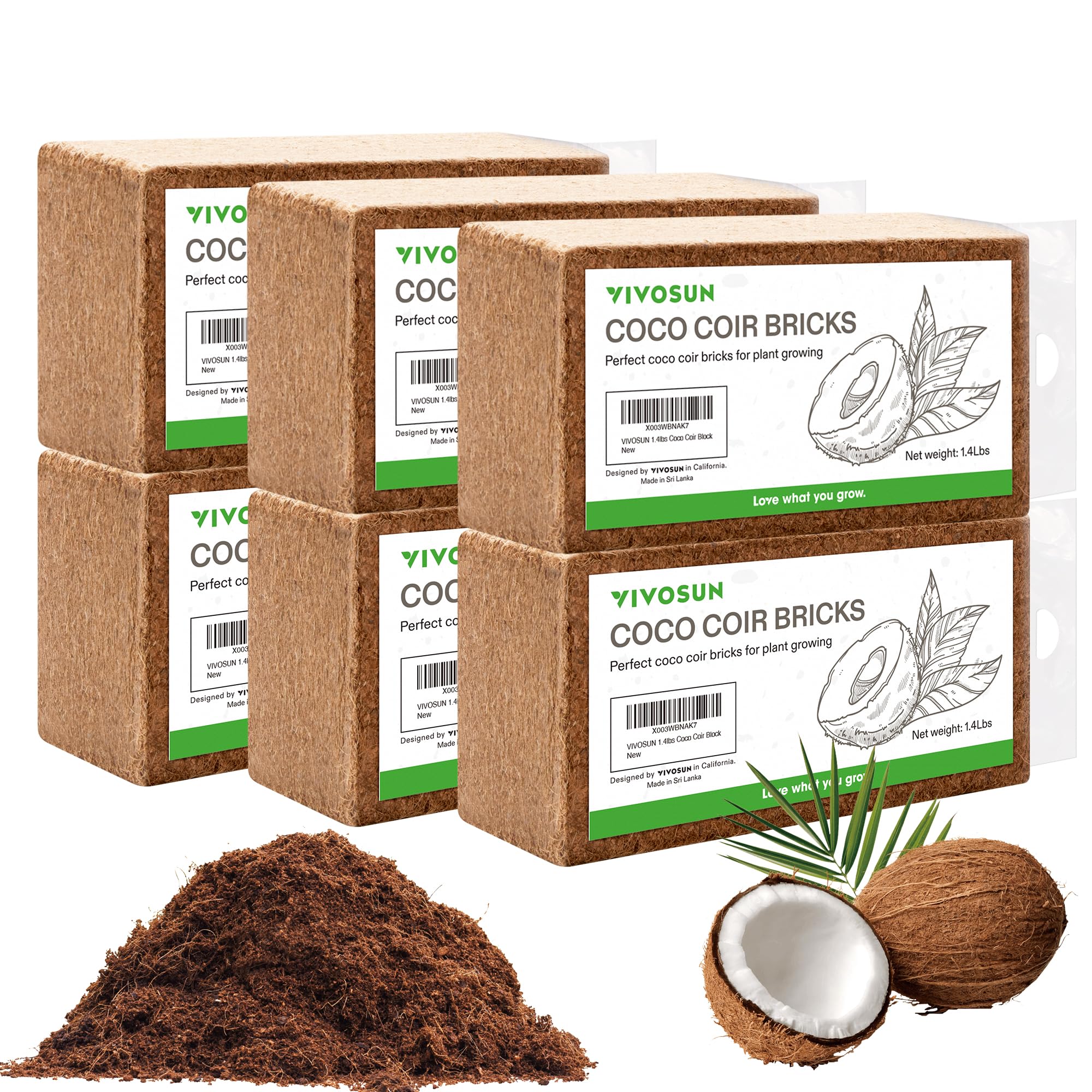 VIVOSUN front packaging showing six coco coir bricks and compact convenience