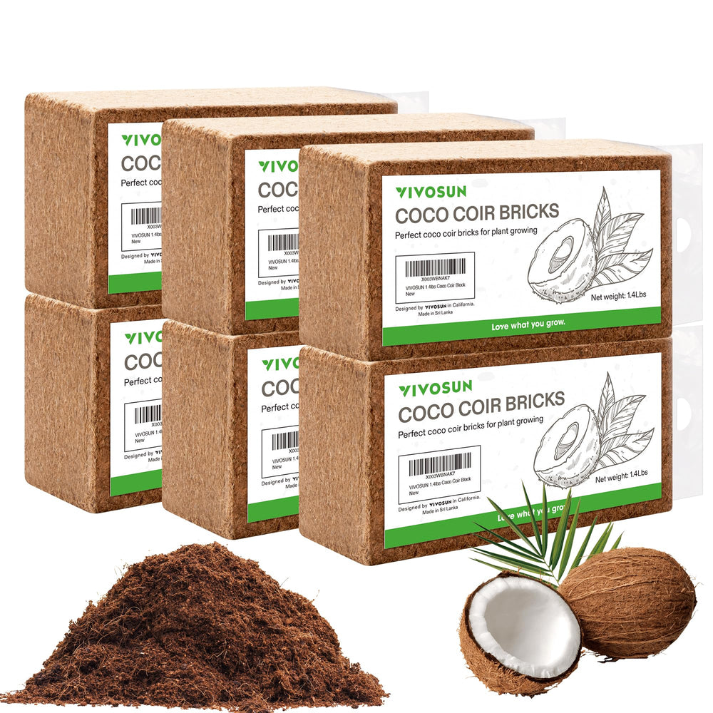 VIVOSUN front packaging showing six coco coir bricks and compact convenience