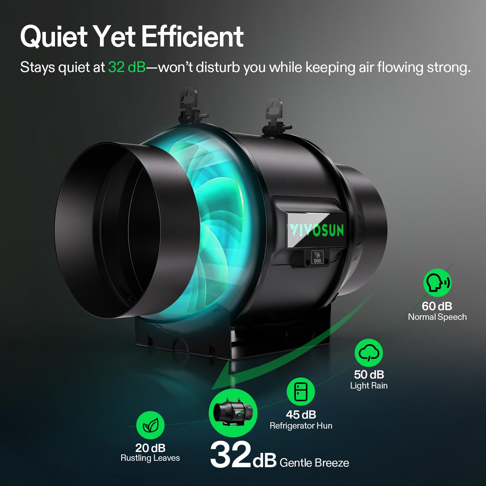 VIVOSUN carbon filter side label emphasizing thick charcoal bed for odor reduction