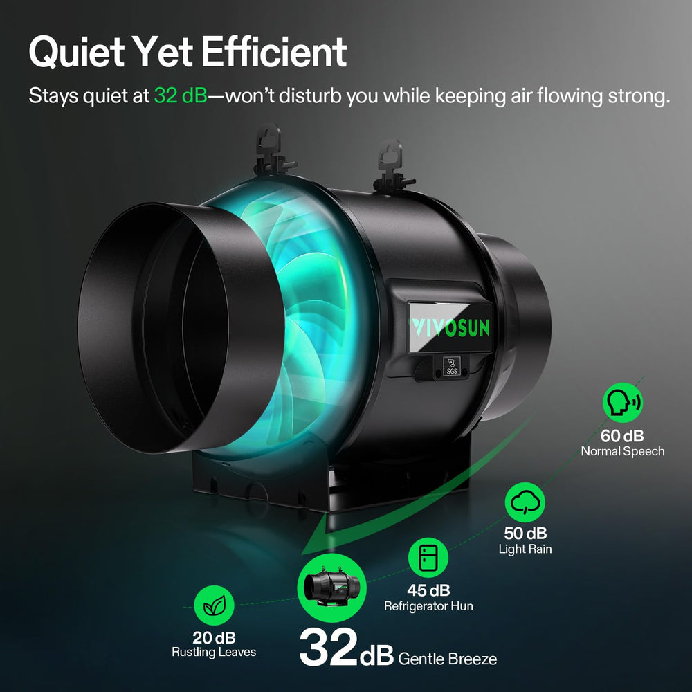 VIVOSUN carbon filter side label emphasizing thick charcoal bed for odor reduction