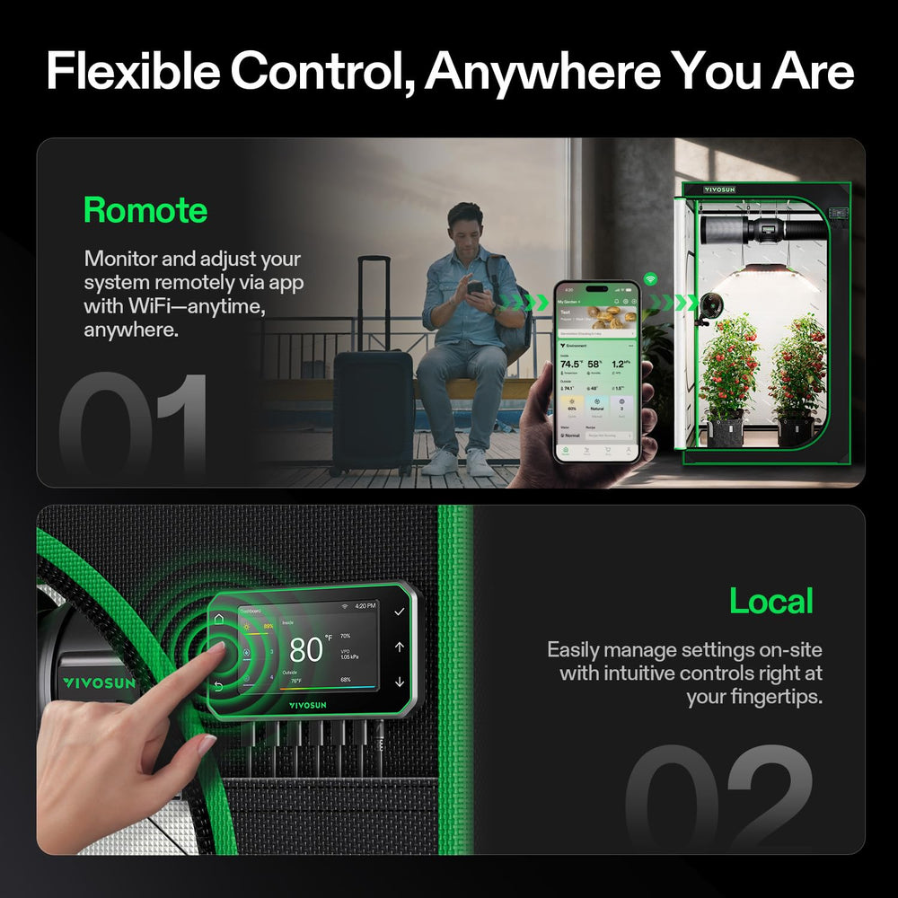 VIVOSUN app screenshot demonstrating wireless control and environmental data access