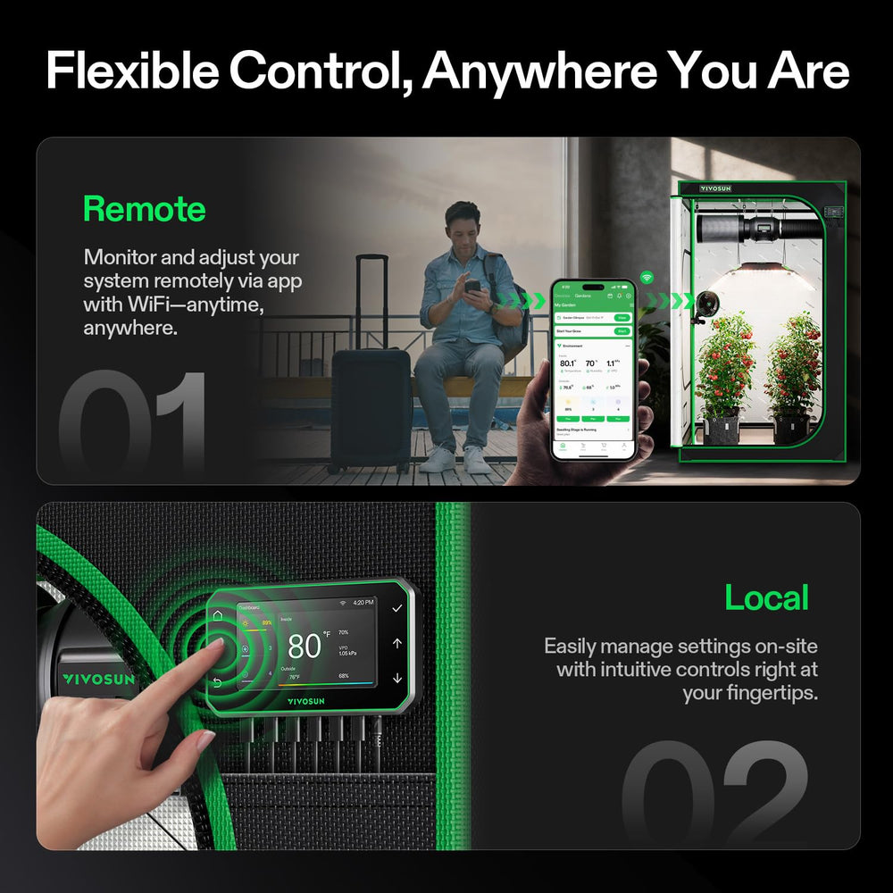 VIVOSUN smart controller and phone app showing remote control convenience benefit