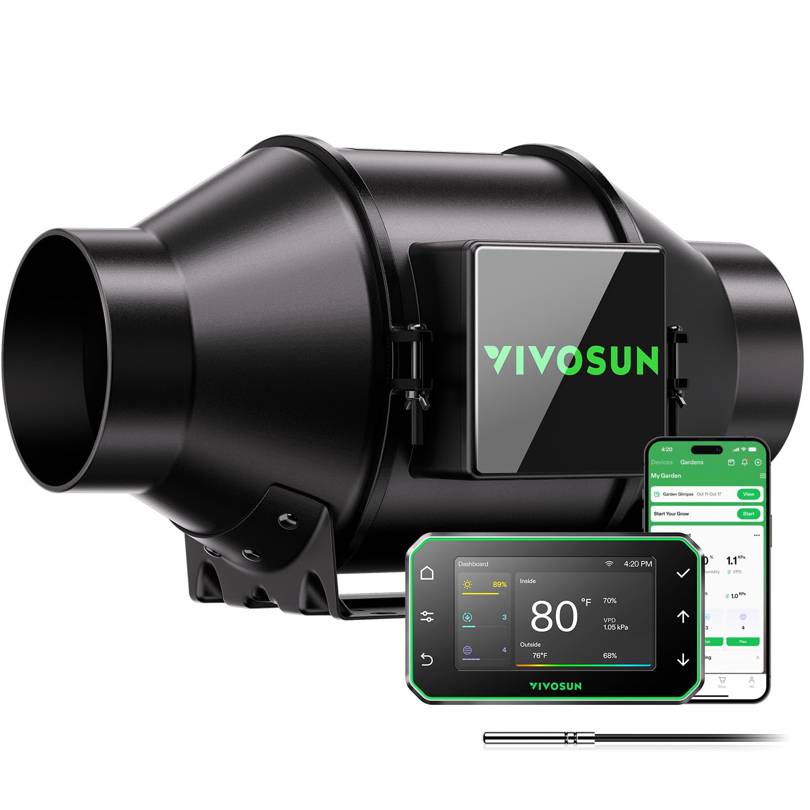VIVOSUN front view of inline fan showing compact design and quiet airflow benefit