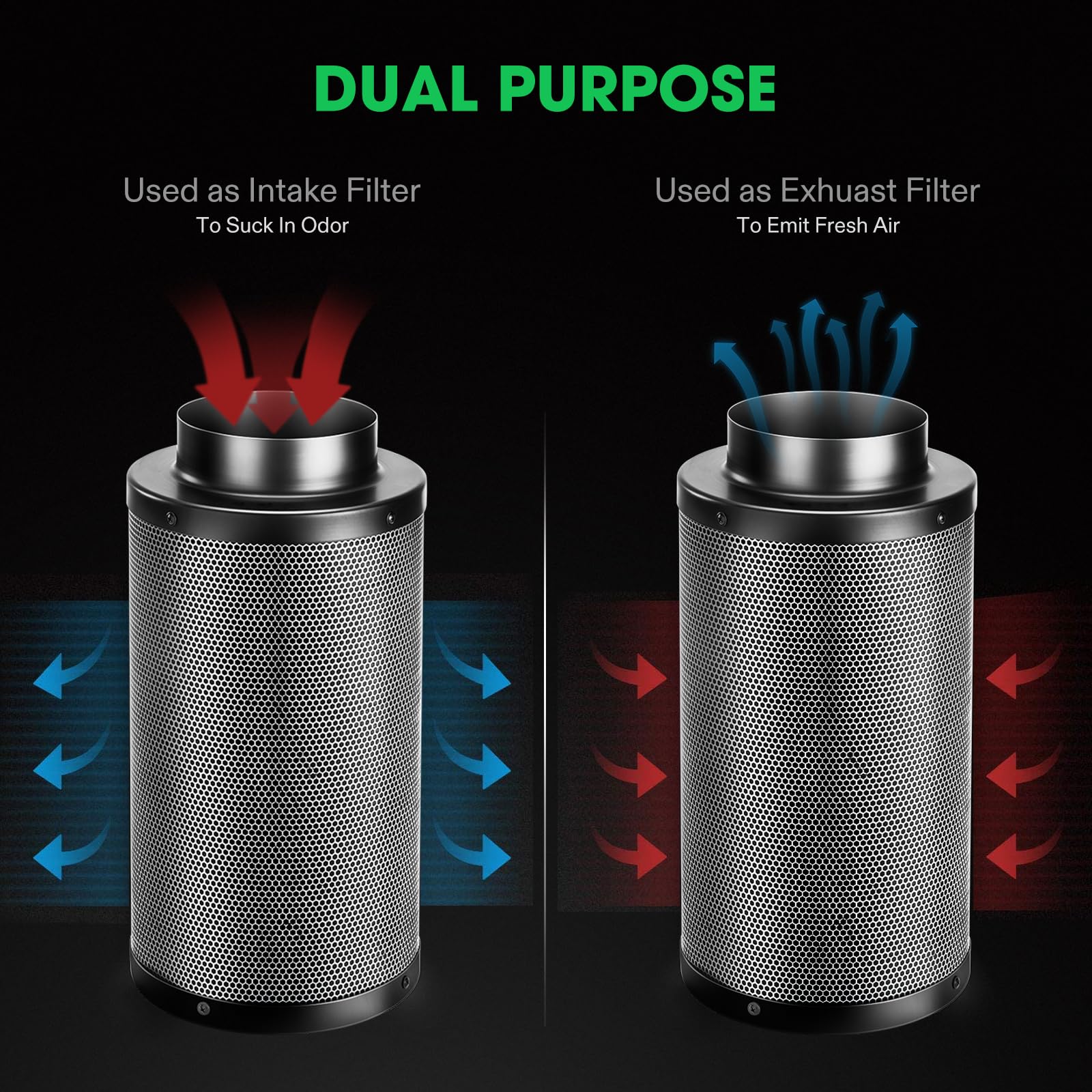 VIVOSUN pre-filter cloth attached demonstrating particle capture to extend charcoal life