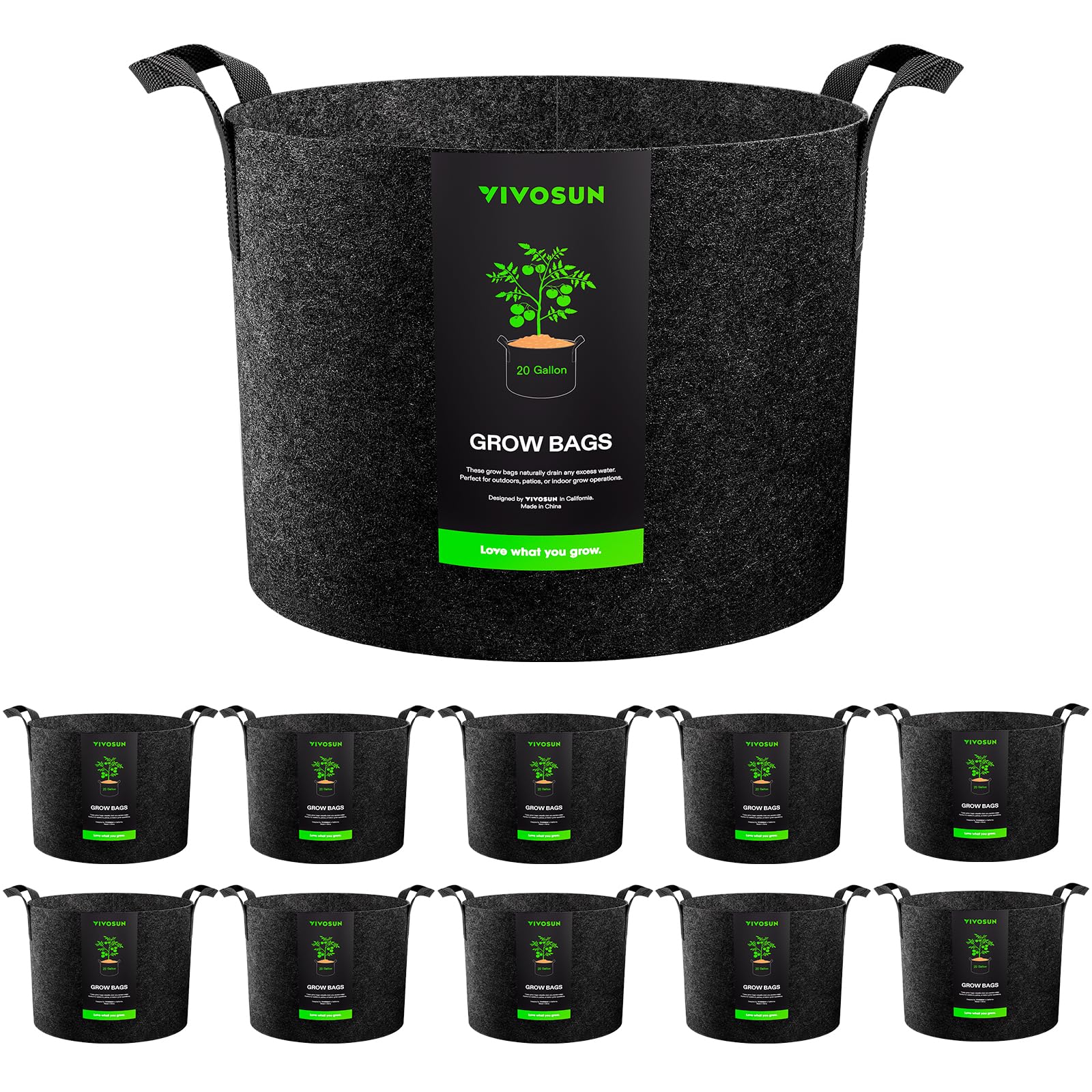 VIVOSUN front view of 10-pack grow bags showing quantity and durable build
