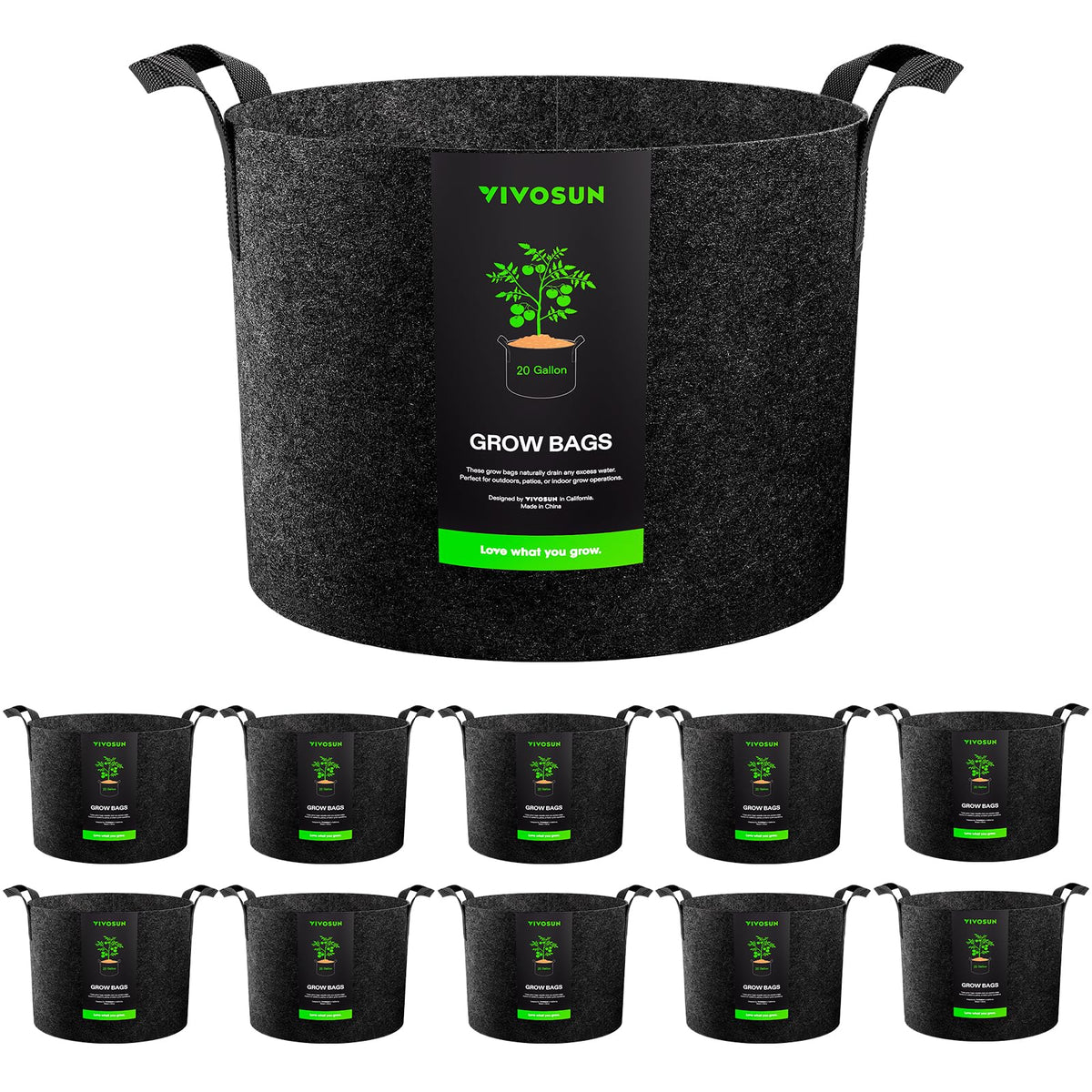 VIVOSUN front view of 10-pack grow bags showing quantity and durable build