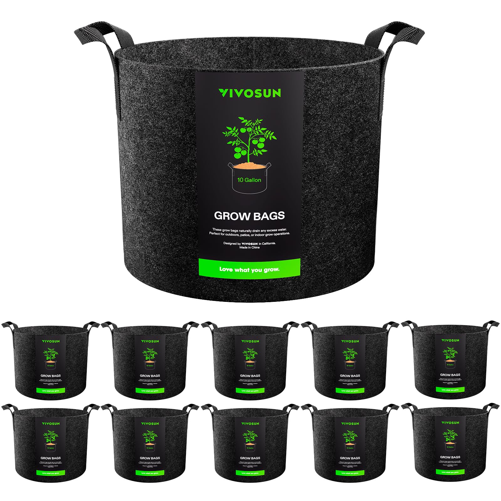 VIVOSUN front view of 10-pack fabric grow bags showing packaging and quantity benefit
